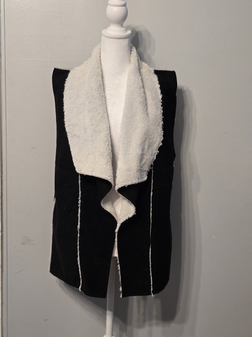 Black Vest with Cream Faux-Shearling Shawl Collar